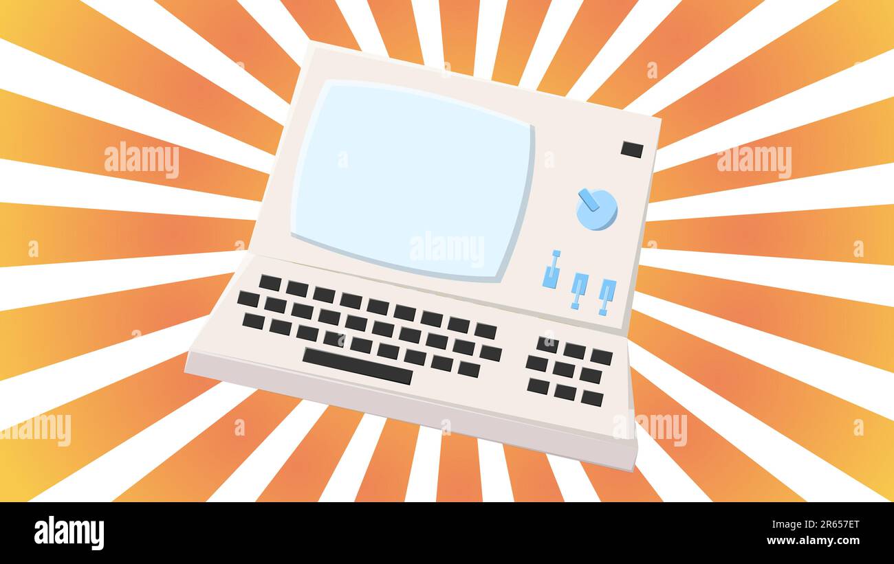 Vecchio computer retrò vintage Hipster, pc con monitor e tastiera dal 70s, 80s, 90s sullo sfondo dei raggi arancioni del sole. Vettore illus Illustrazione Vettoriale