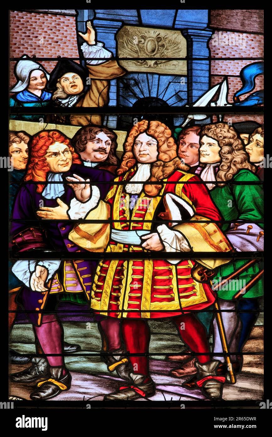 Una grande vetrata raffigurante il comandante navale francese e il privatatore Jean Bart (1650-1702) presso il municipio di Dunkirk (Nord), Francia Foto Stock