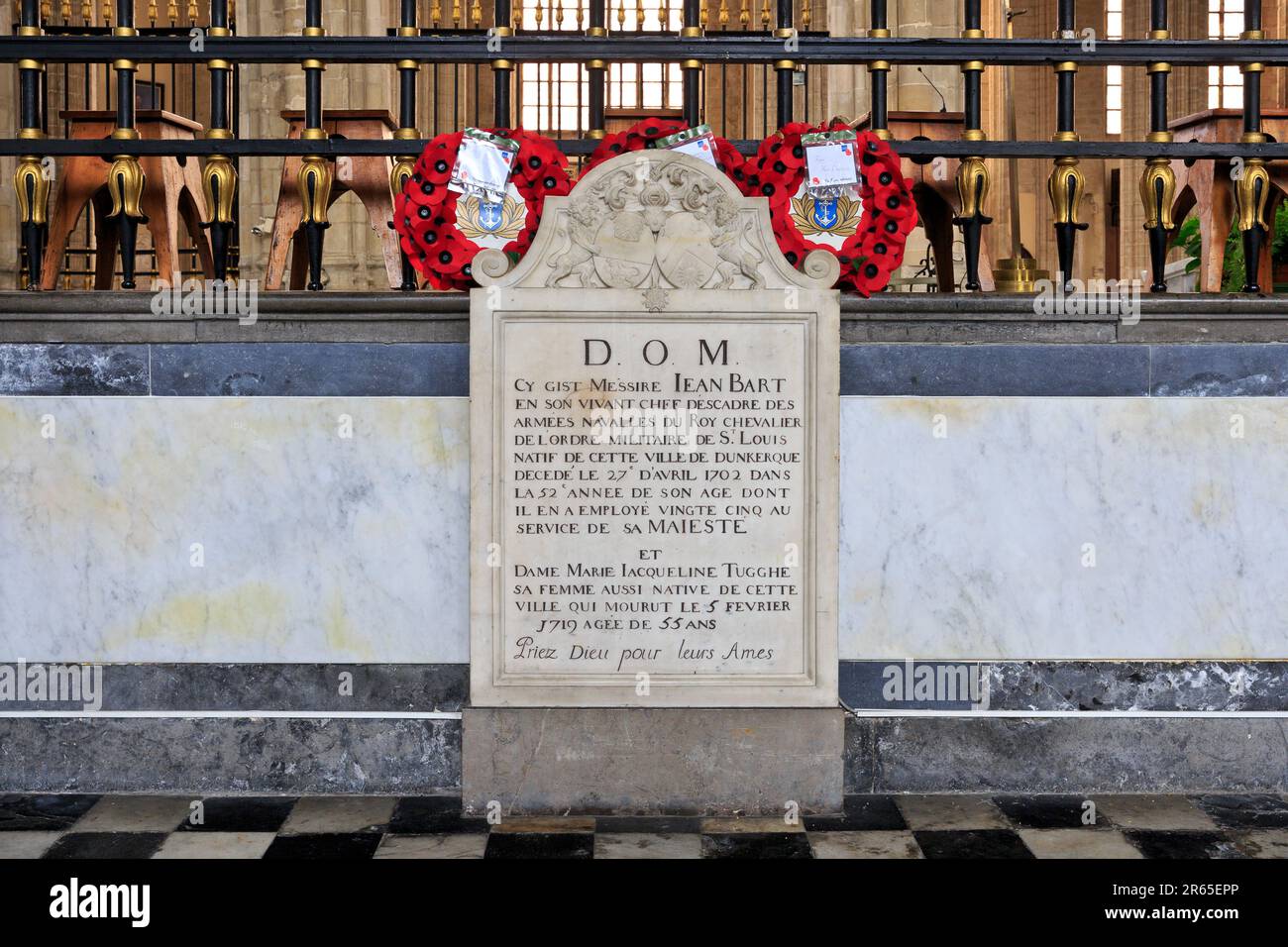 Lapide originale del comandante navale francese e privatatore Jean Bart (1650-1702) presso la Chiesa di Saint-Eloi a Dunkerque (Nord), Francia Foto Stock