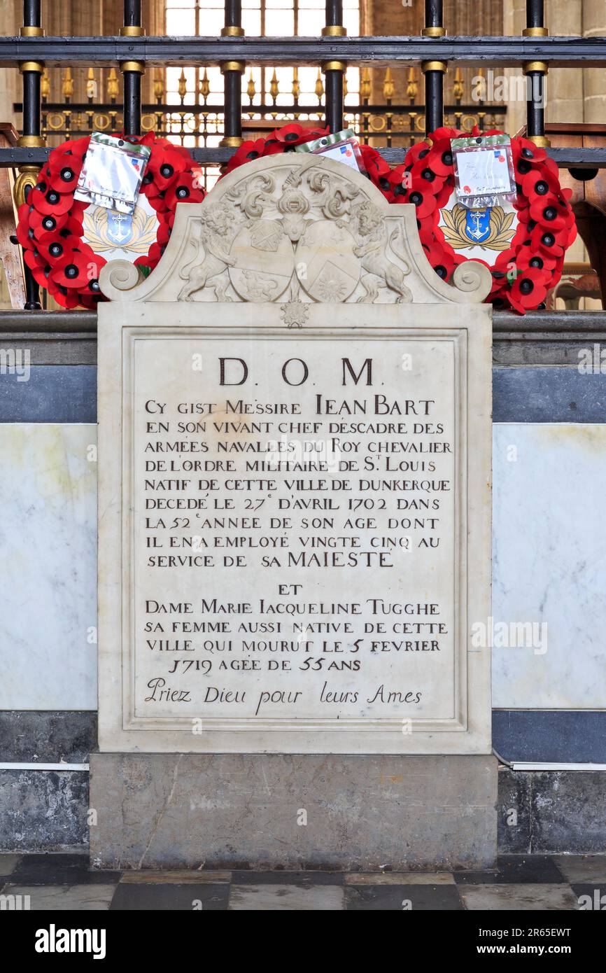 Lapide originale del comandante navale francese e privatatore Jean Bart (1650-1702) presso la Chiesa di Saint-Eloi a Dunkerque (Nord), Francia Foto Stock