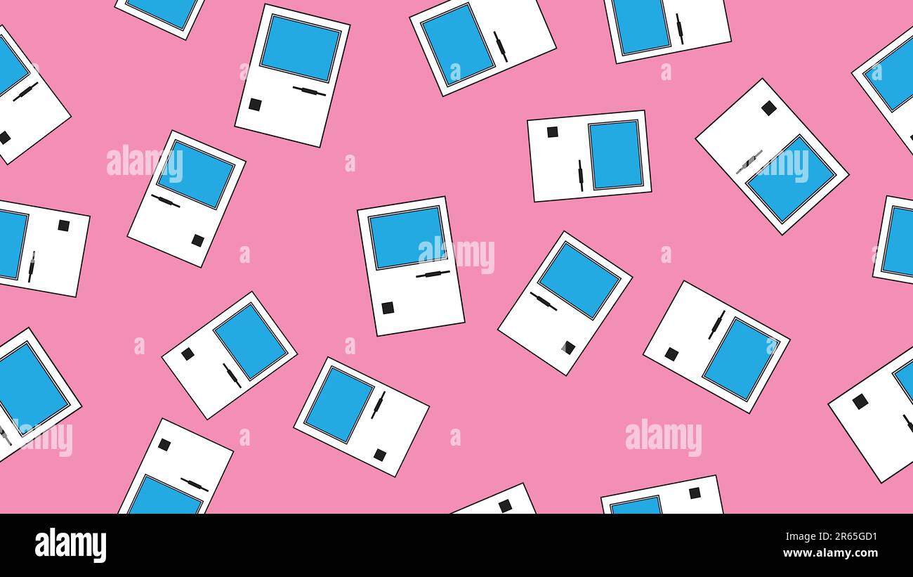 Computer senza interruzioni con vecchi computer retrò, PC hipster bianco vintage da 70s, 80s, 90s isolato su sfondo rosa. Vettore illustrati Illustrazione Vettoriale