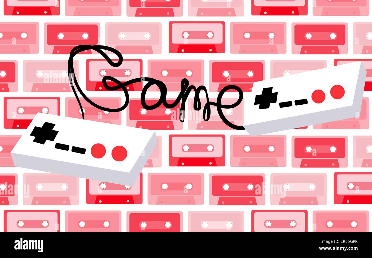 Due vecchi joystick bianco retrò antico hipster per console di gioco per videogiochi e un gioco di iscrizione degli anni 80, 90 su uno sfondo di p Illustrazione Vettoriale