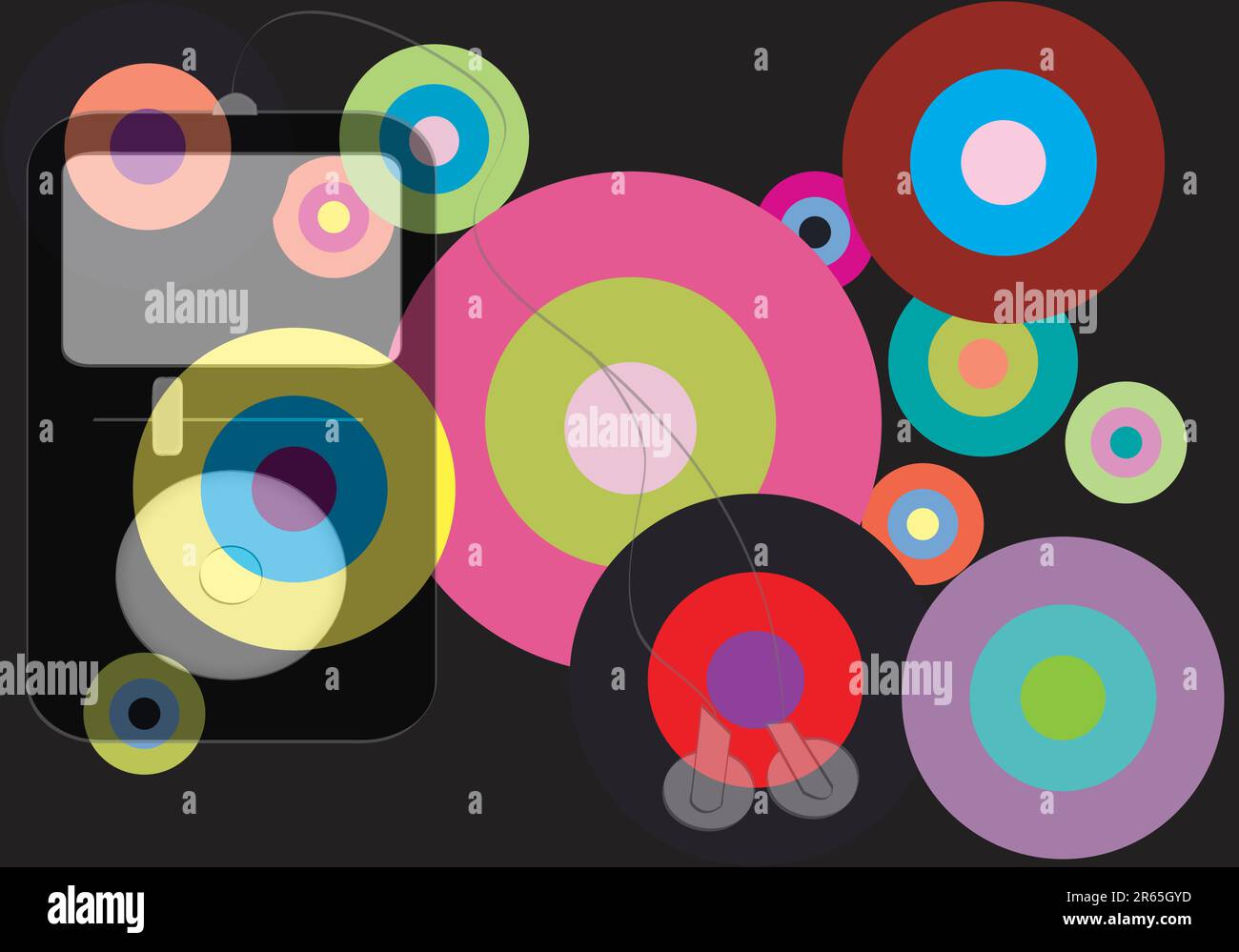 immagine vettoriale di un lettore musicale mp3 su uno sfondo a cerchio colorato. Illustrazione Vettoriale