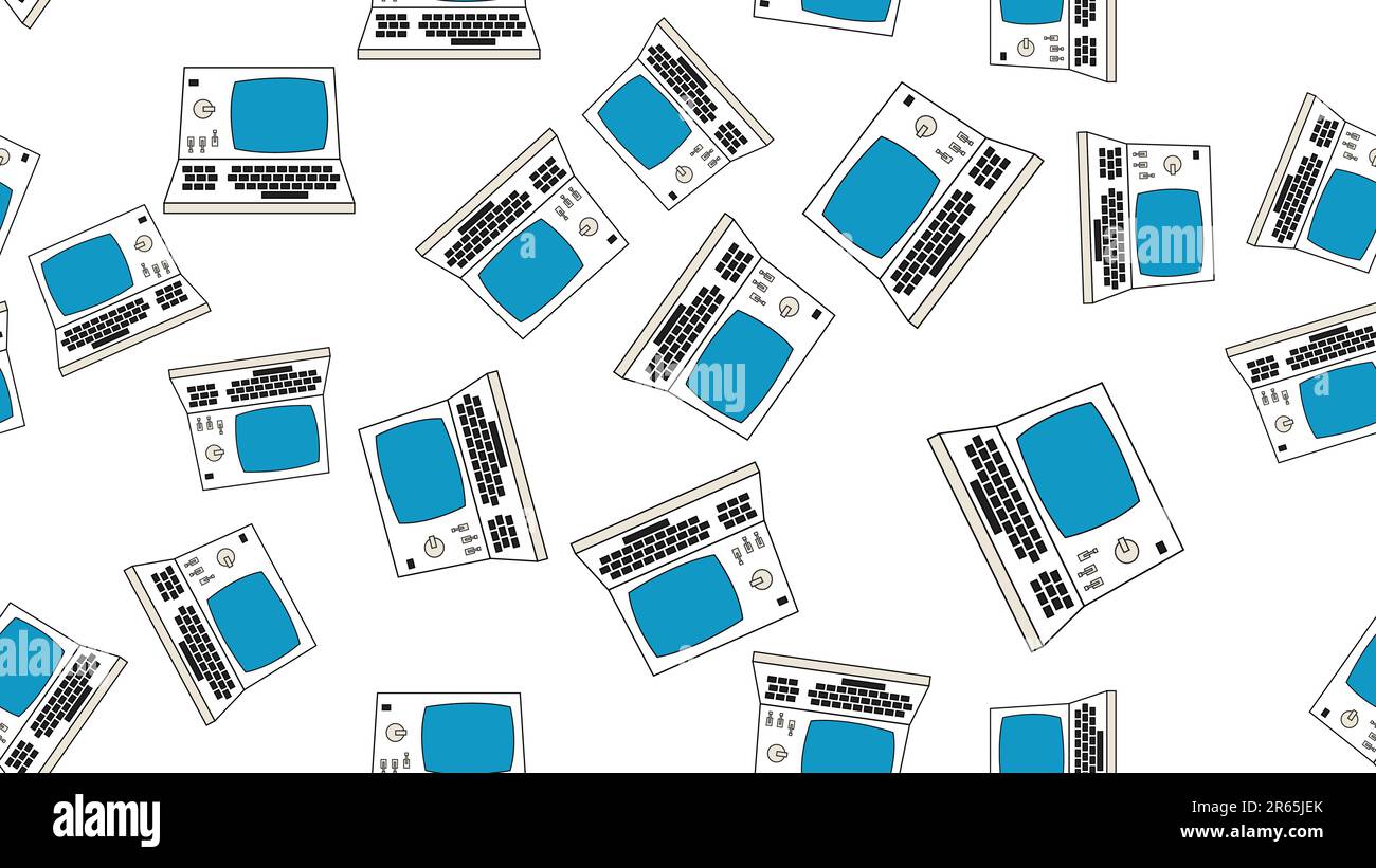 Computer senza interruzioni con vecchi computer retrò, pc e floppy disk hipster bianchi vintage da 70s, 80s, 90s isolati su sfondo bianco. Illustrazione Vettoriale