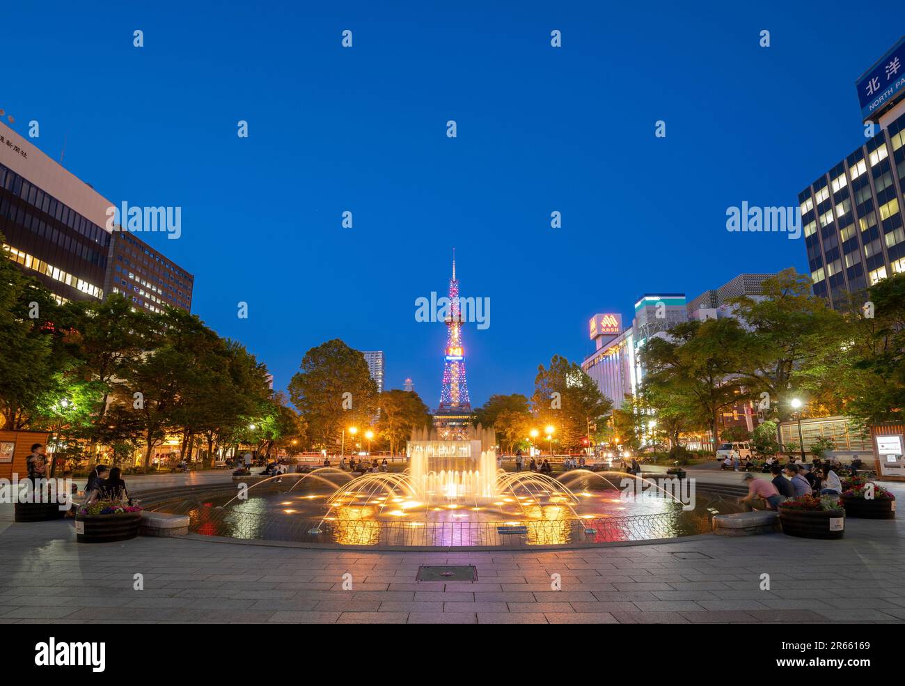 Parco Odori e Torre della TV di Sapporo di notte Foto Stock