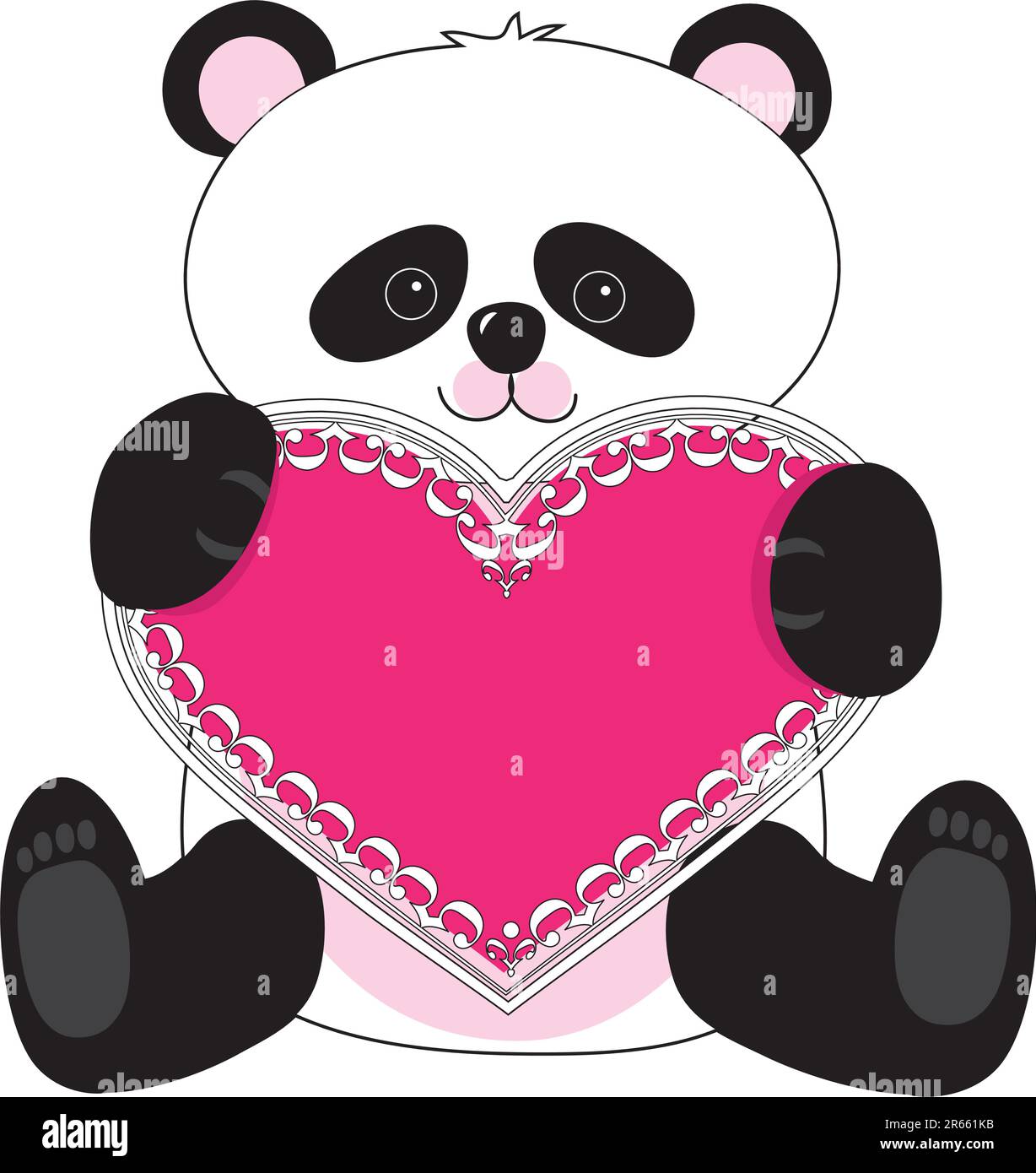Un simpatico panda tenendo un lacy cuore rosa nelle sue zampe Illustrazione Vettoriale