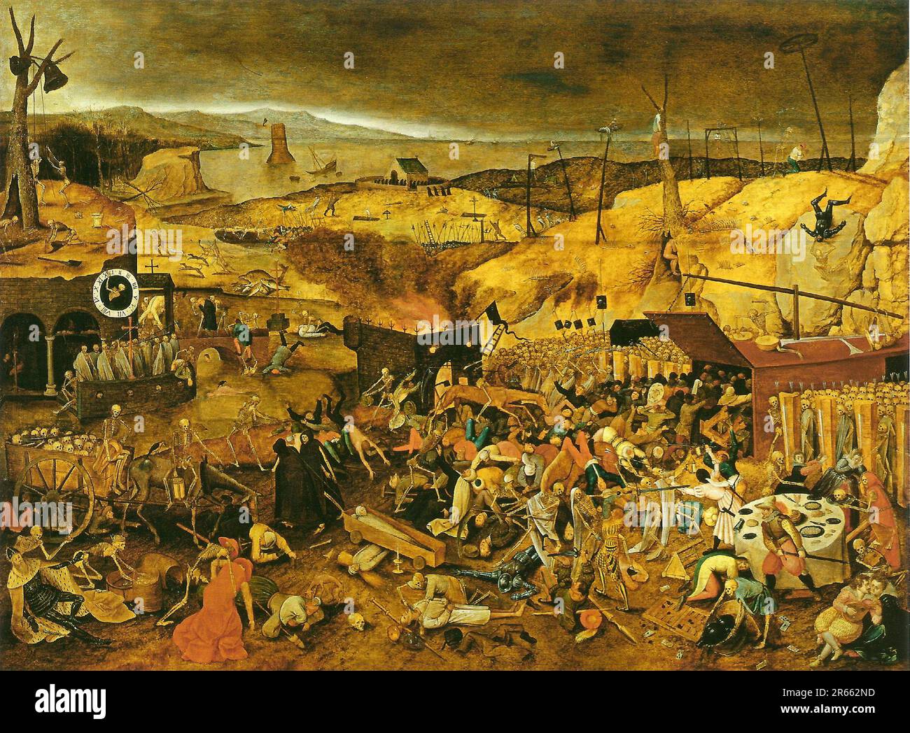 Trionfo della morte dipinto da un seguace di Peter Brueghel il Vecchio. Breughel è stato il pittore più importante del Rinascimento olandese e fiammingo. La sua scelta di soggetti fu influente, rifiutò ritratti e scene religiose a favore di scene locali e contadine. Foto Stock