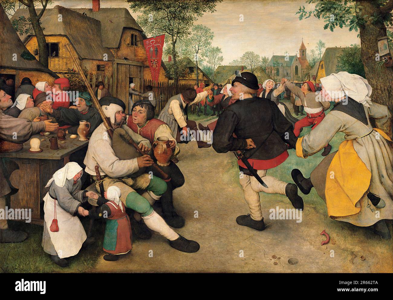 La danza contadina dipinta dal pittore rinascimentale olandese Pieter Breughel il Vecchio nel 1568. Breughel è stato il pittore più importante del Rinascimento olandese e fiammingo. La sua scelta di soggetti fu influente, rifiutò ritratti e scene religiose a favore di scene locali e contadine. Foto Stock
