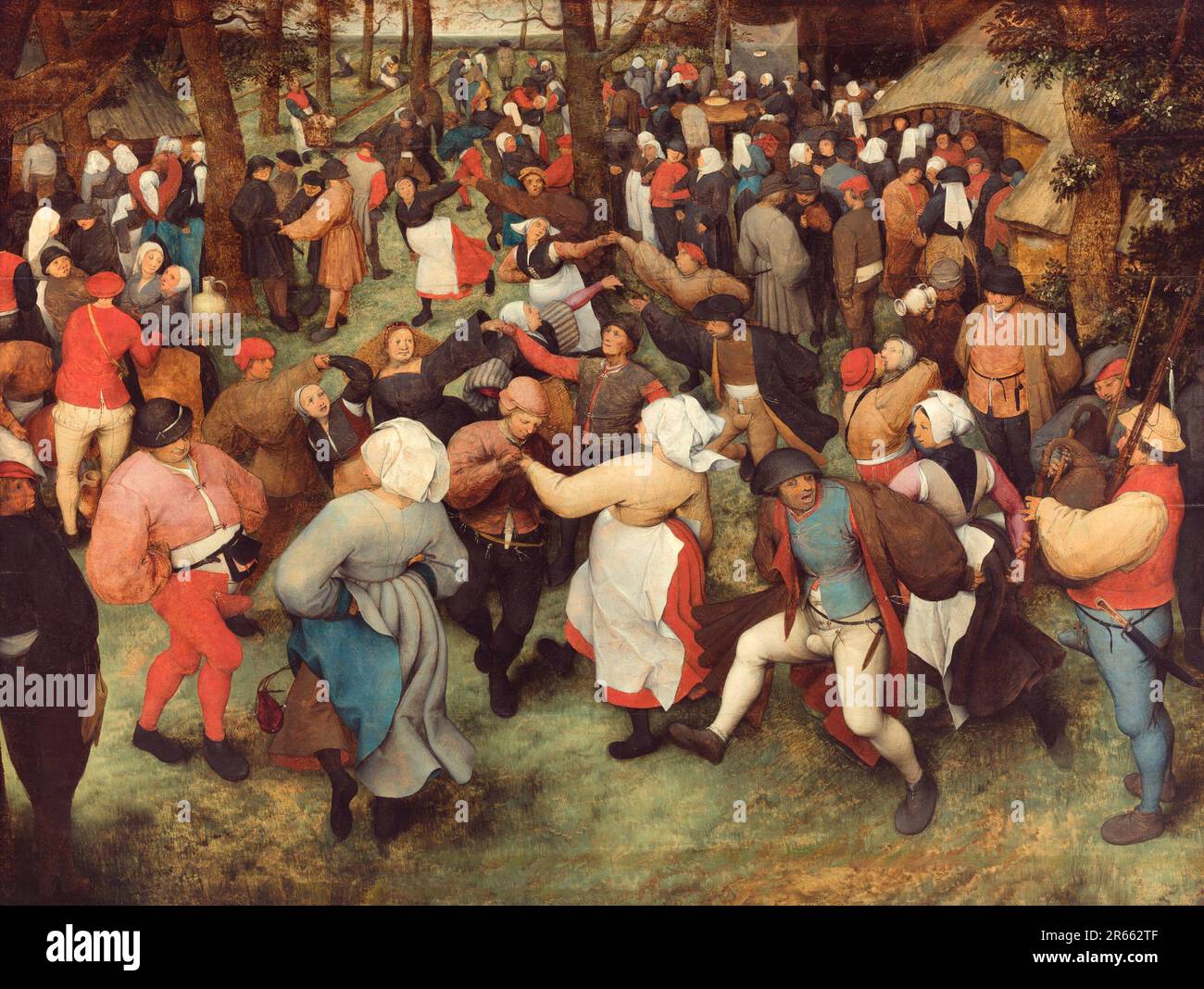 La Danza nuziale dipinta dal pittore rinascimentale olandese Pieter Breughel il Vecchio nel 1566. Breughel è stato il pittore più importante del Rinascimento olandese e fiammingo. La sua scelta di soggetti fu influente, rifiutò ritratti e scene religiose a favore di scene locali e contadine. Foto Stock