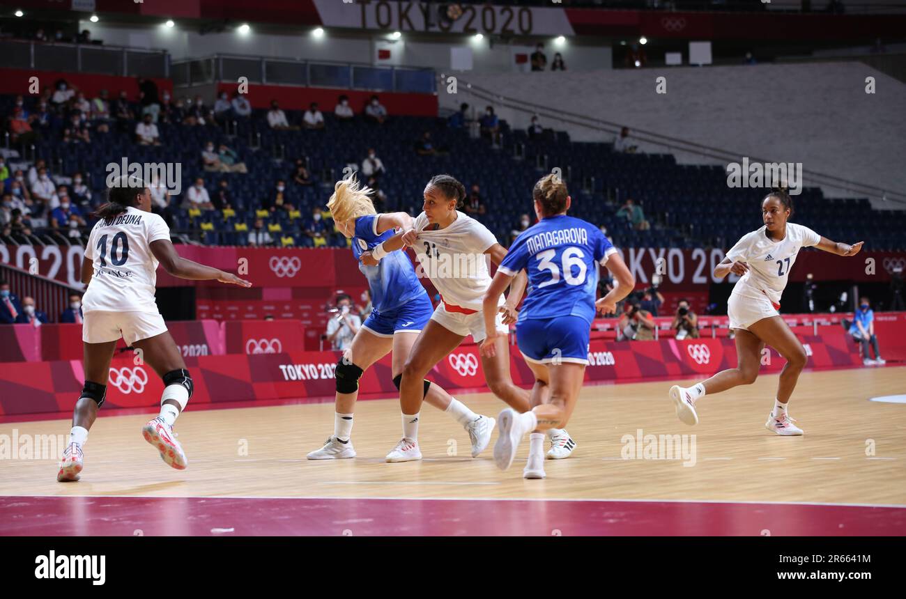 8 AGOSTO 2021 - Tokyo, Giappone: Medaglia d'oro femminile di pallamano tra la Francia e il Comitato Olimpico Russo ai Giochi Olimpici di Tokyo 2020 (Foto: Mickael Chavet/RX) Foto Stock