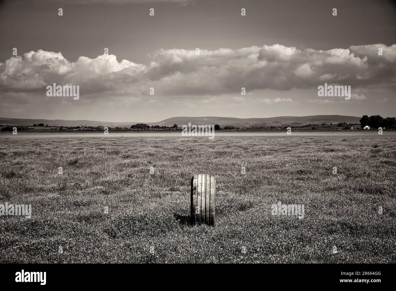 Un grande pneumatico rimasto per camion si trovava in un campo aperto con colline e alberi sullo sfondo Foto Stock Un grande pneumatico rimasto per camion si trovava in un campo aperto con colline e alberi sullo sfondo Foto Stock