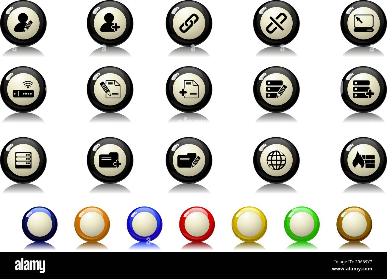 Icone database e rete serie biliardo Illustrazione Vettoriale