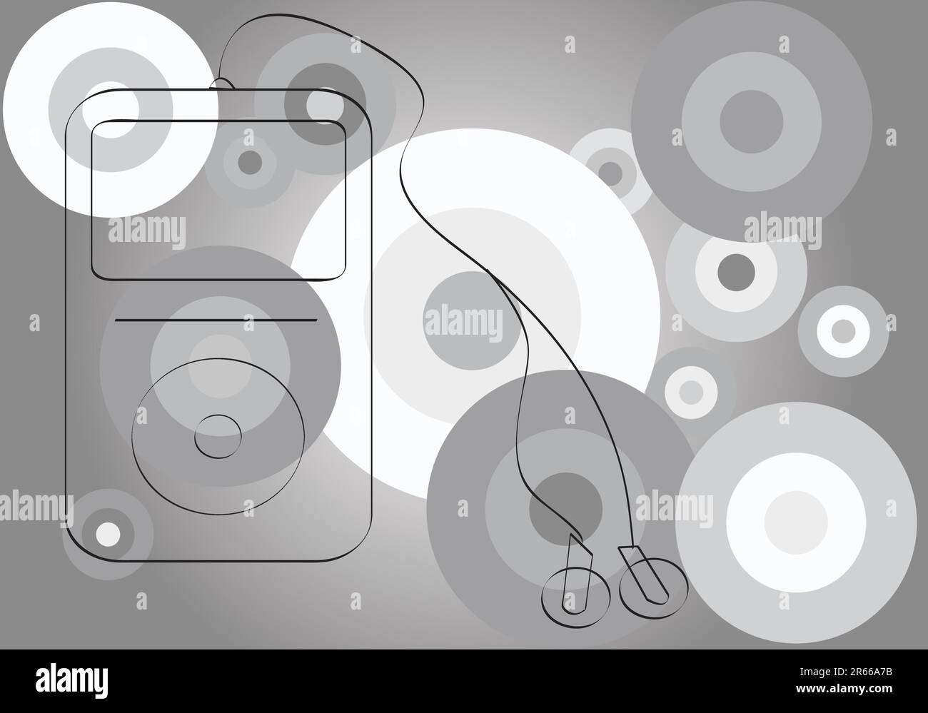 immagine vettoriale in bianco e nero di un ipod su sfondo circolare. Illustrazione Vettoriale