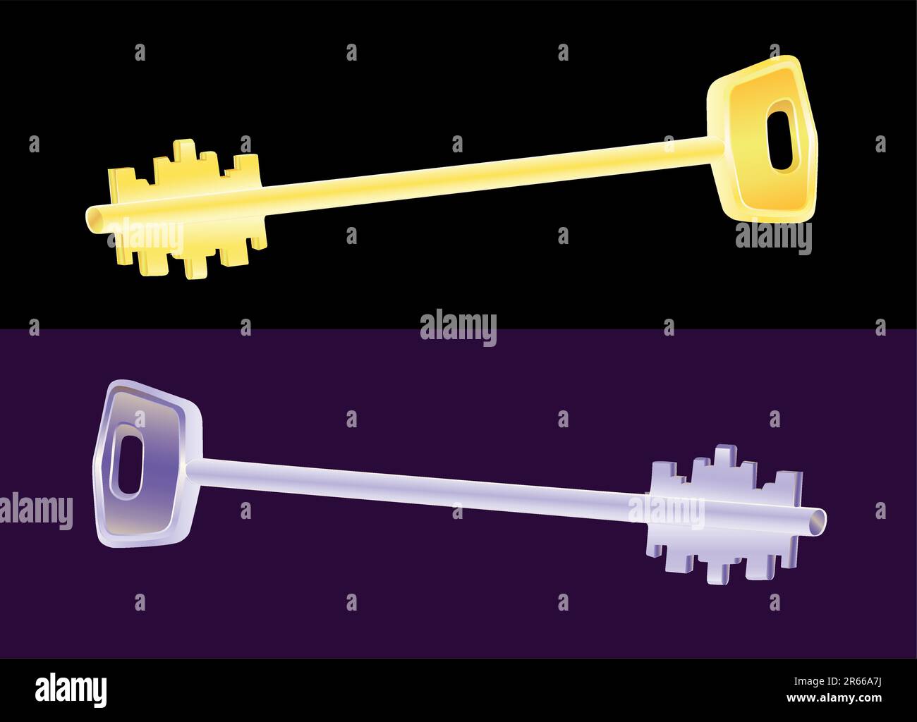 Chiave universale per casseforti. Colore oro su sfondo nero. Colore dell'acciaio su sfondo lilla. Illustrazione Vettoriale