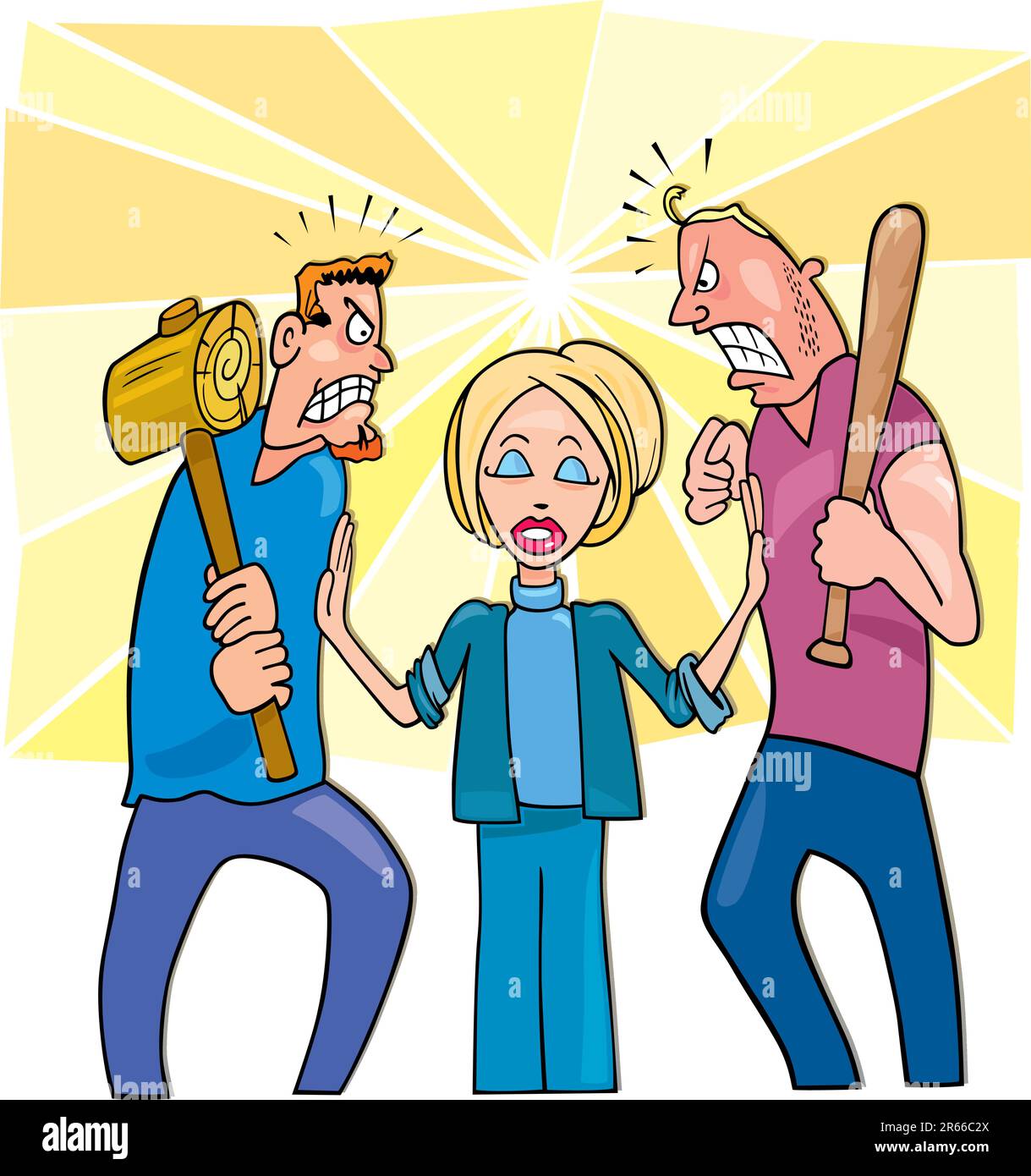 Illustrazione di due arrabbiato gli uomini ad andare a combattere e calma la donna artefice di pace Illustrazione Vettoriale