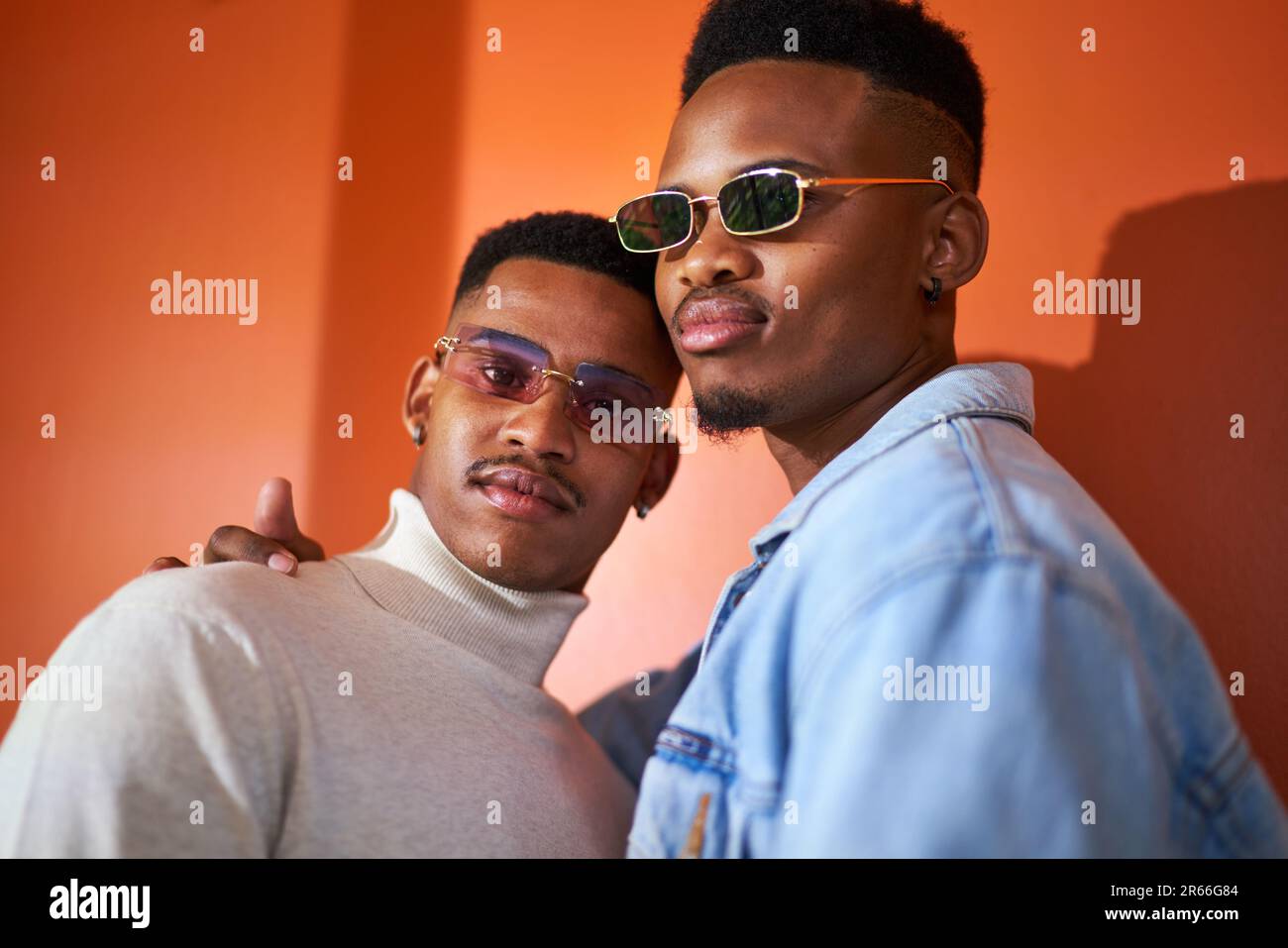 Ritratto sicuro, giovane giovane coppia gay giovane maschio in occhiali da sole Foto Stock