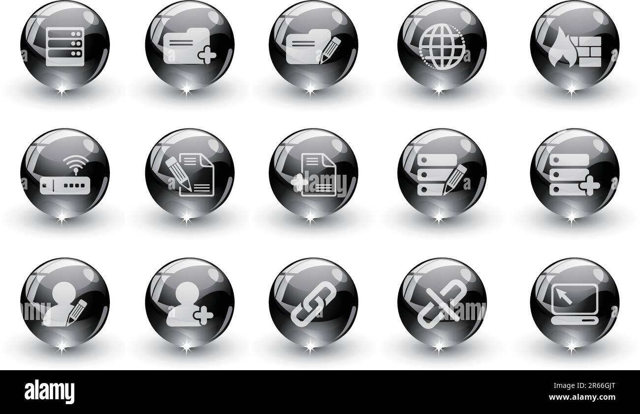 Icone di database e rete serie a cristalli neri Illustrazione Vettoriale