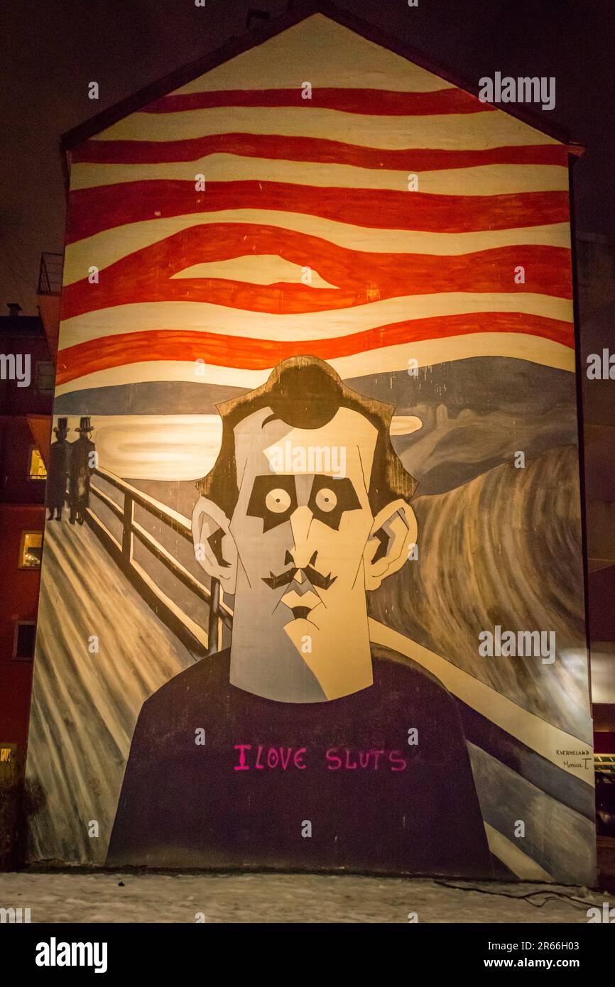 Steffen Kvernerland murale iconico dello Scream Edward Munch a Tøyen, Oslo Foto Stock