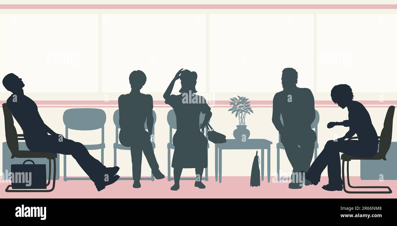 Vettore modificabile sagome di persone sedute in una sala di attesa Illustrazione Vettoriale