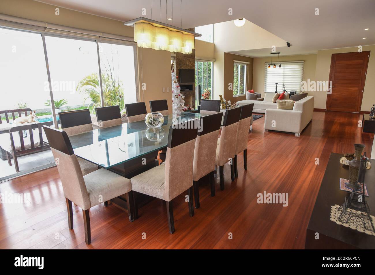 Sala y comedor de casa con mampara y muebles modernos Foto Stock