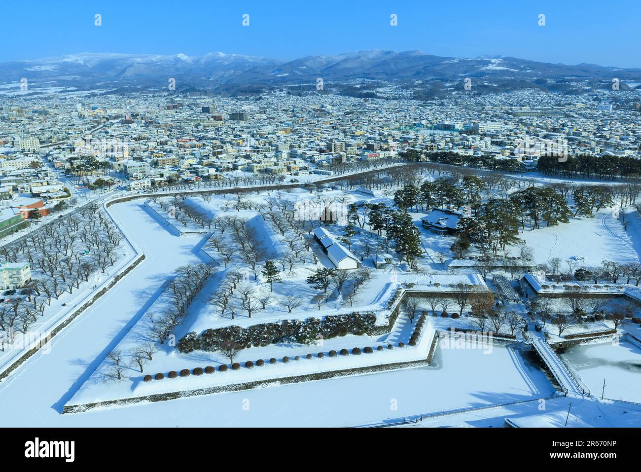 Scena innevata nel Parco Goryokaku Foto Stock