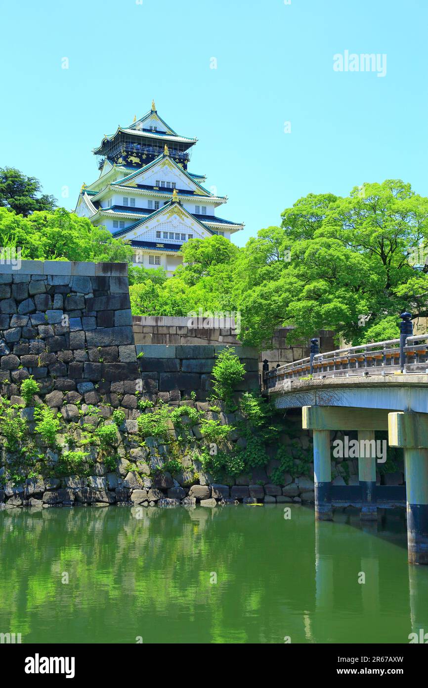 Torre del Castello di Osaka e Ponte Gokurakubashi in verde fresco Foto Stock