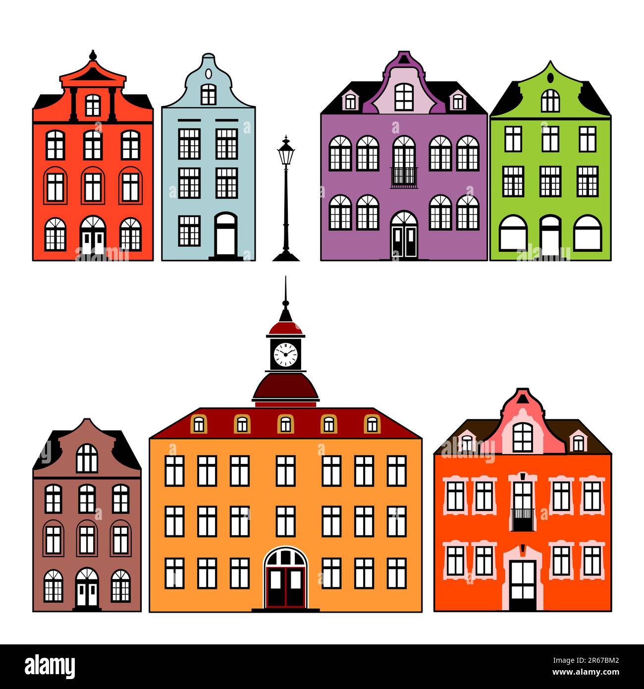 Collezione di vecchie case in diversi colori, isolate su sfondo bianco. Illustrazione Vettoriale