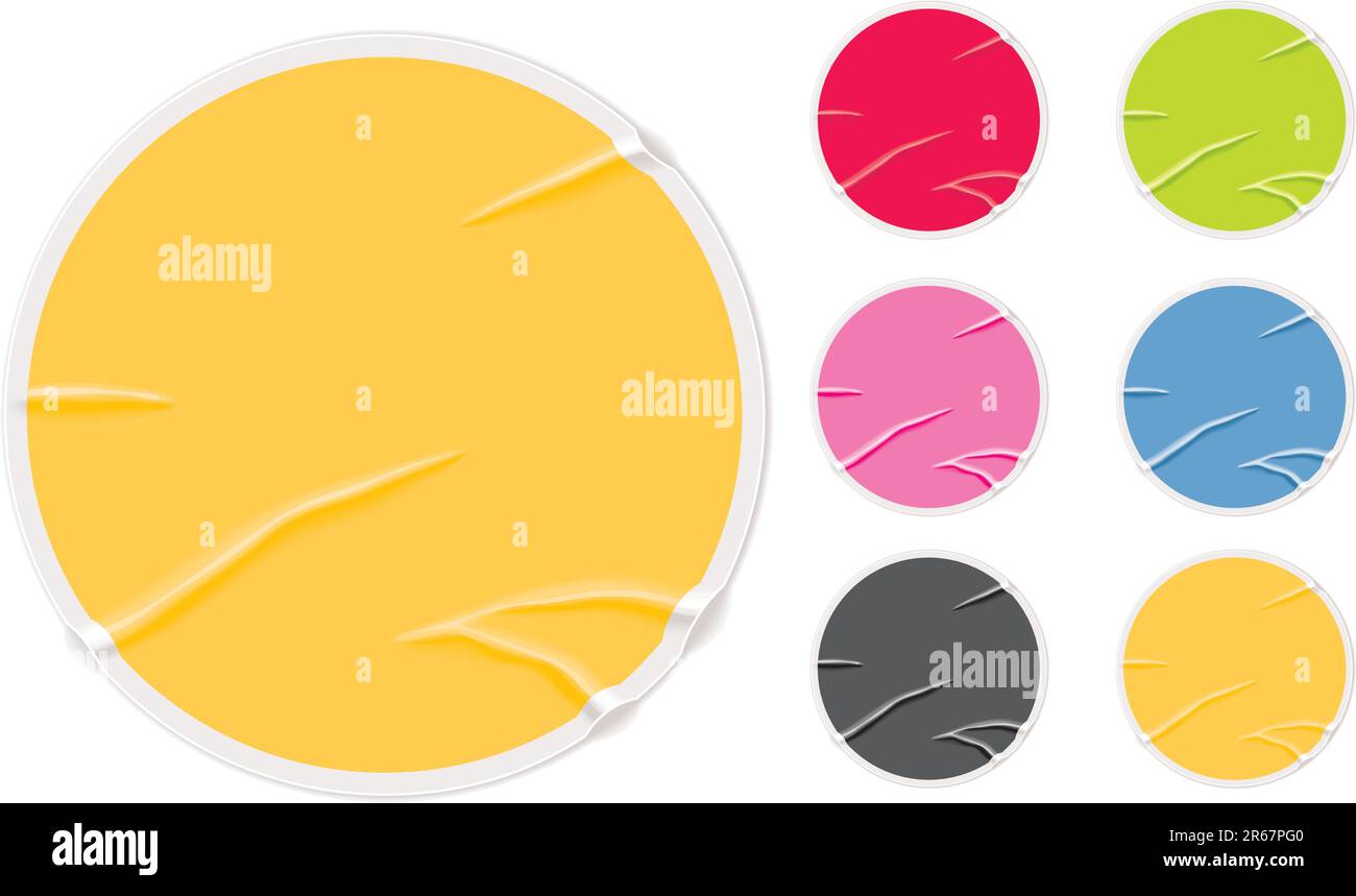 Set di adesivi rotondi colorati. Schiacciato e incollato male Illustrazione Vettoriale
