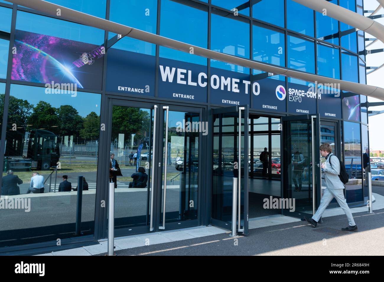 Space-Comm Expo 2023 evento tecnologico spaziale nel Farnborough International Exhibition & Conference Centre Foto Stock