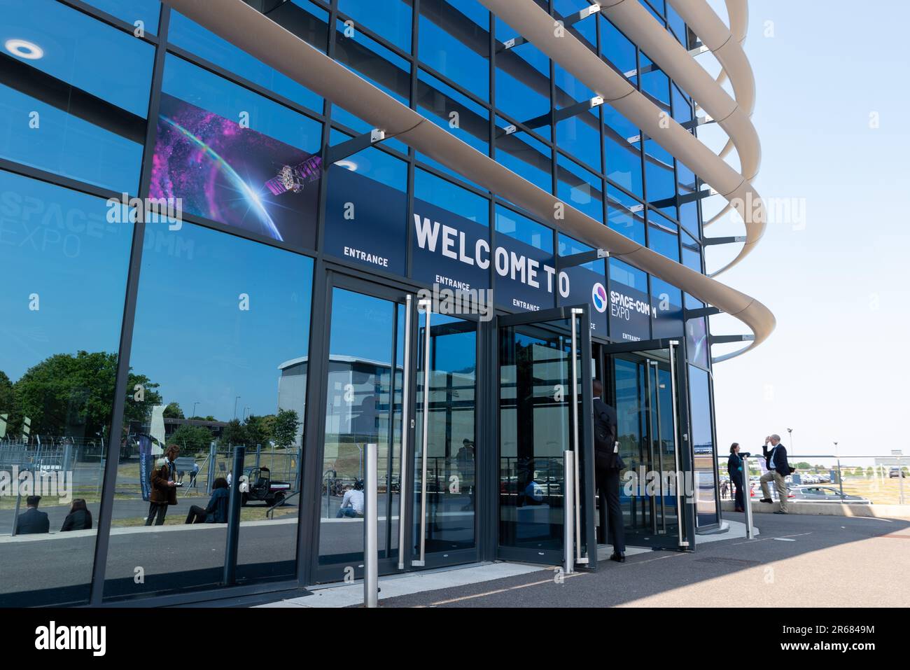 Space-Comm Expo 2023 evento tecnologico spaziale nel Farnborough International Exhibition & Conference Centre Foto Stock