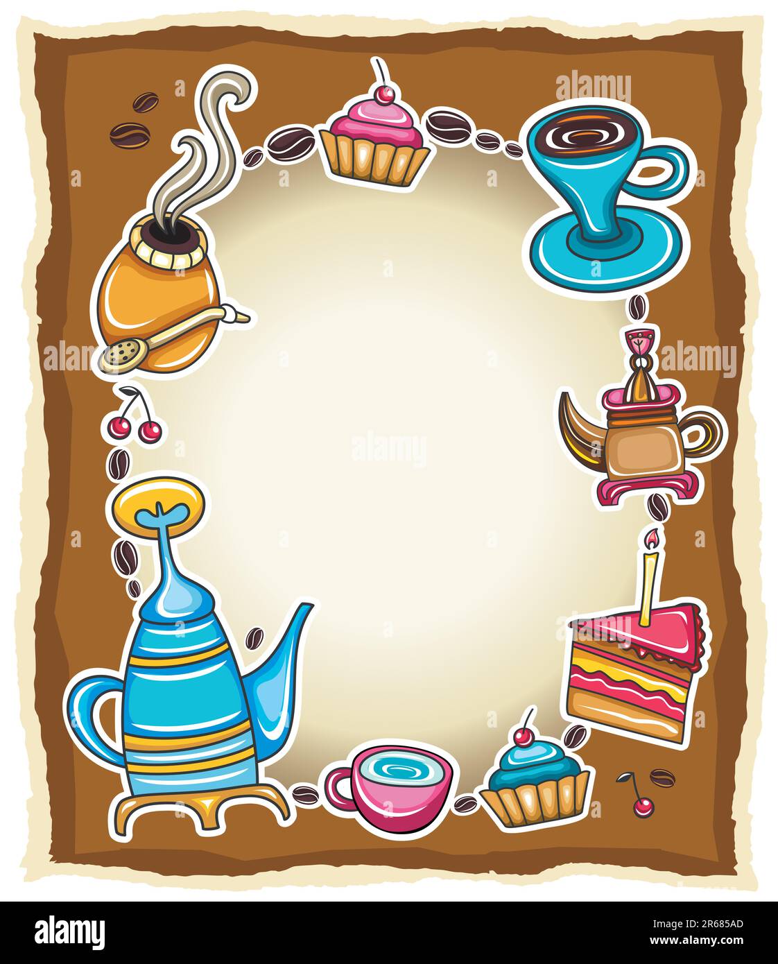 Graziosa cornice grunge con caffè, tè, torta, simboli yerba mate, isolata su sfondo di legno. Illustrazione Vettoriale