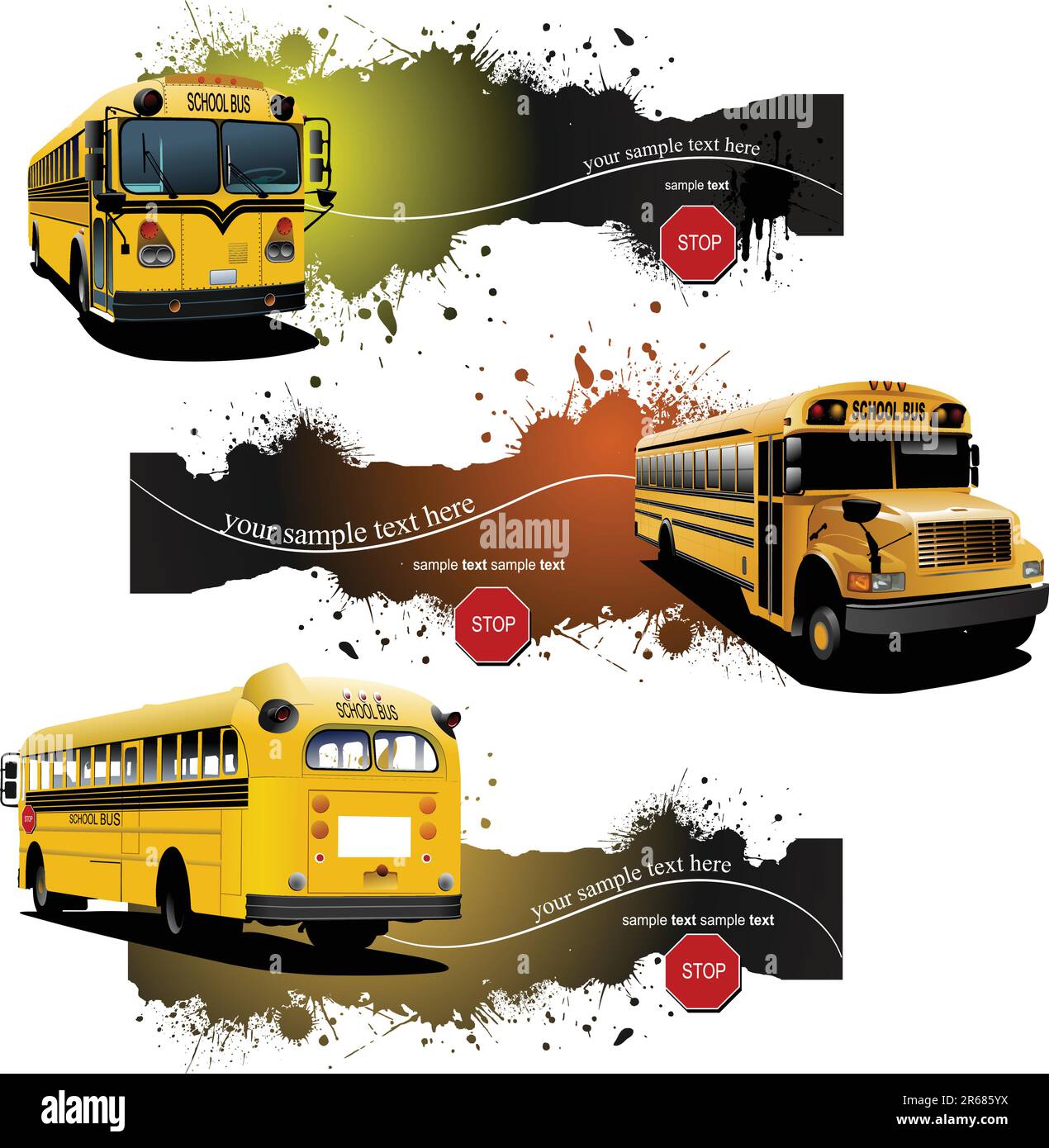 Tre gruppi grunge banner con Giallo scuola-bus. Illustrazione Vettoriale Illustrazione Vettoriale