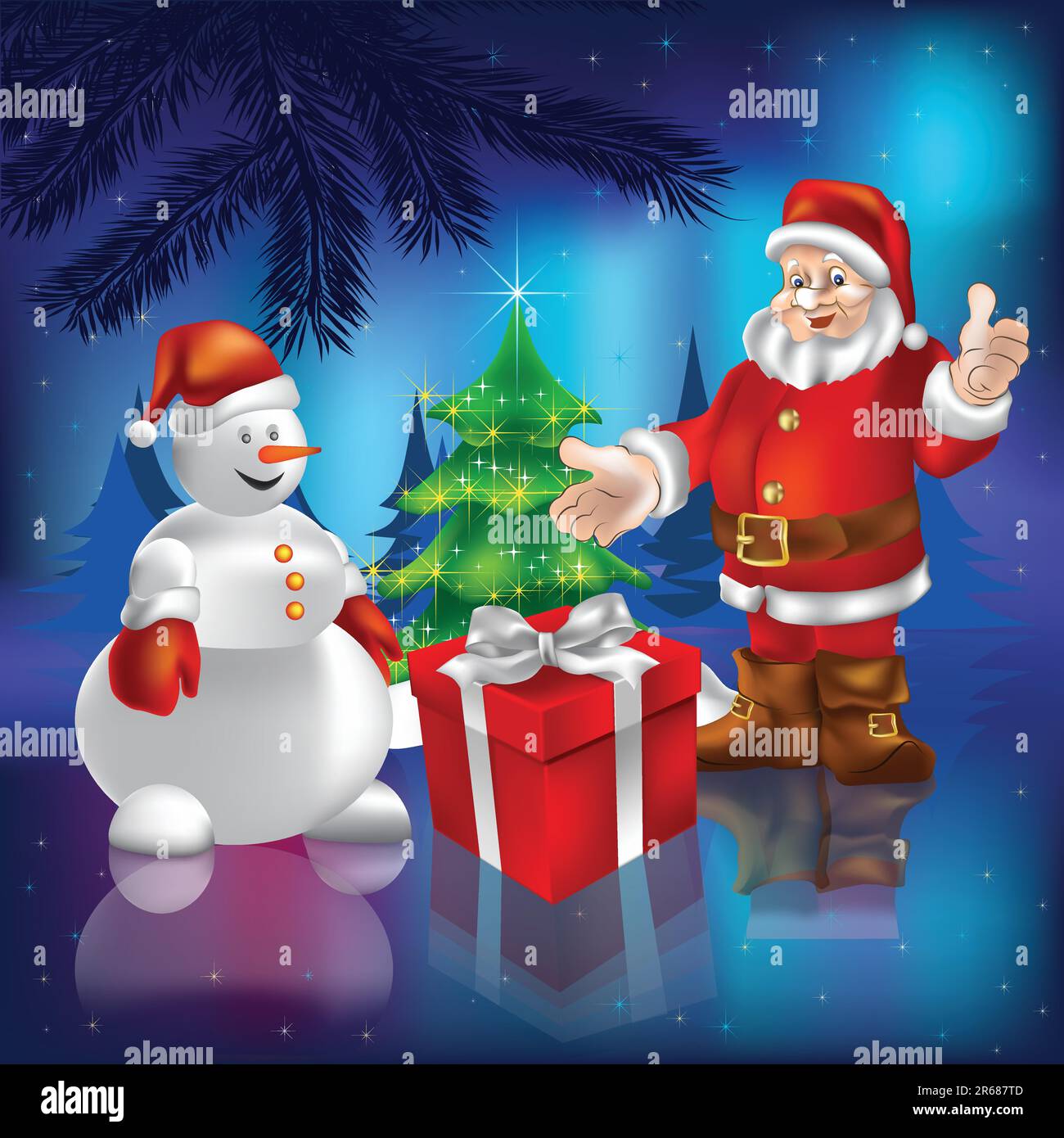 Babbo Natale e pupazzo di neve nei boschi Illustrazione Vettoriale