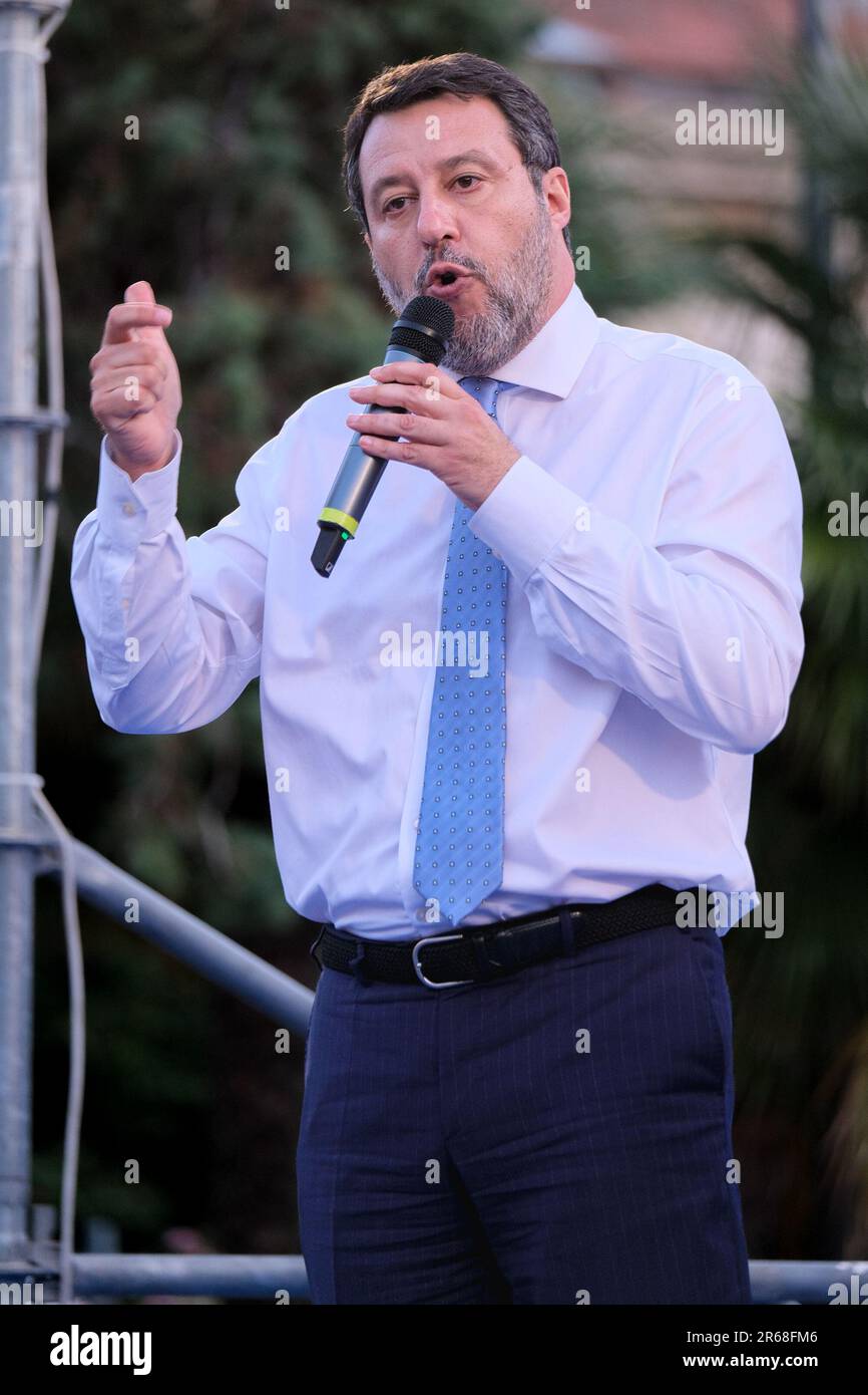 Termoli, Italia. 07th giugno, 2023. Matteo Salvini parla durante un raduno elettorale per le elezioni regionali del Molise a Termoli. Credit: SOPA Images Limited/Alamy Live News Foto Stock