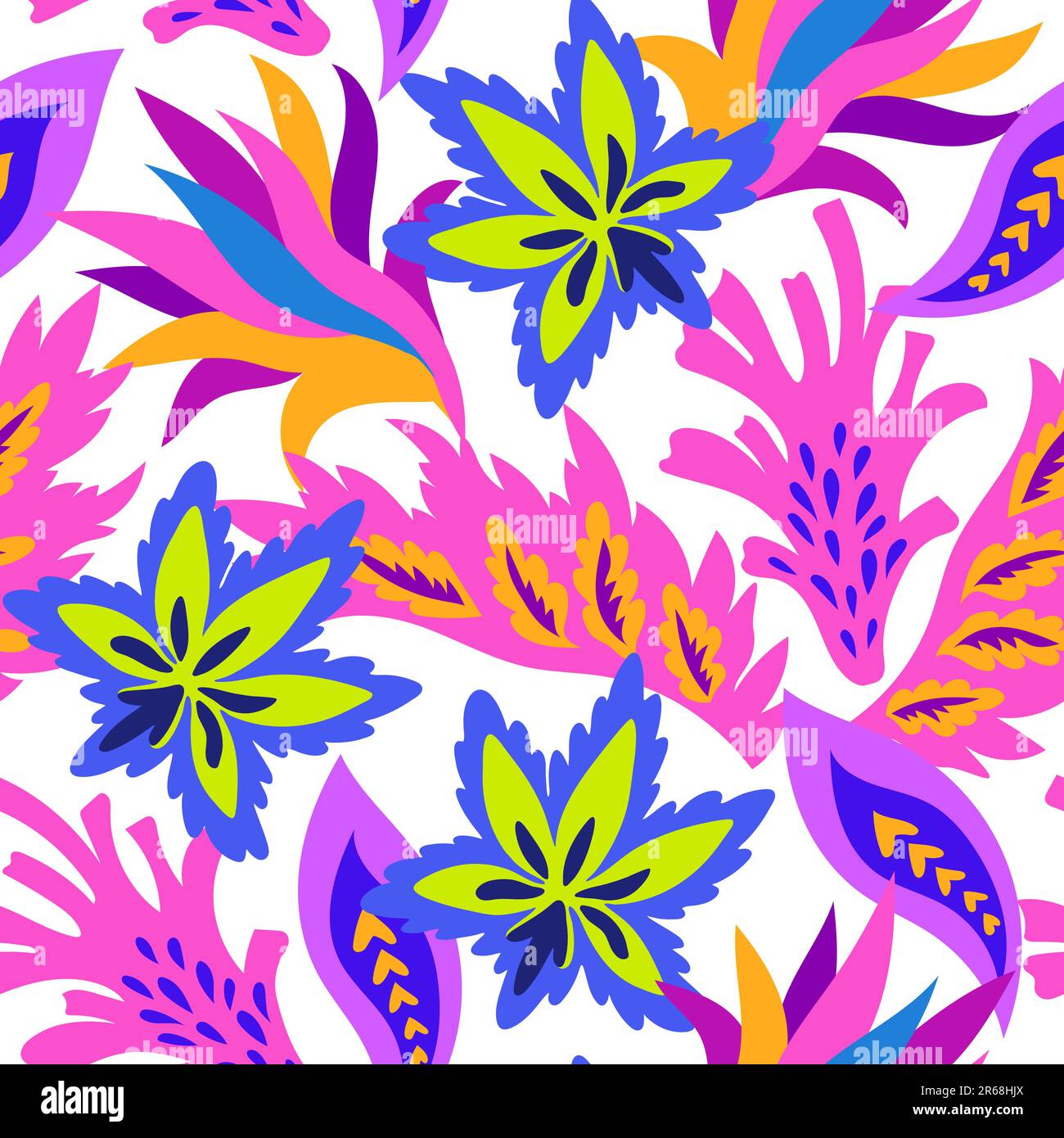 Motivo luminoso senza cuciture con forme ornamentali colorate ed elementi decorativi floreali. Stampa psichedelica hippie. Illustrazione Vettoriale