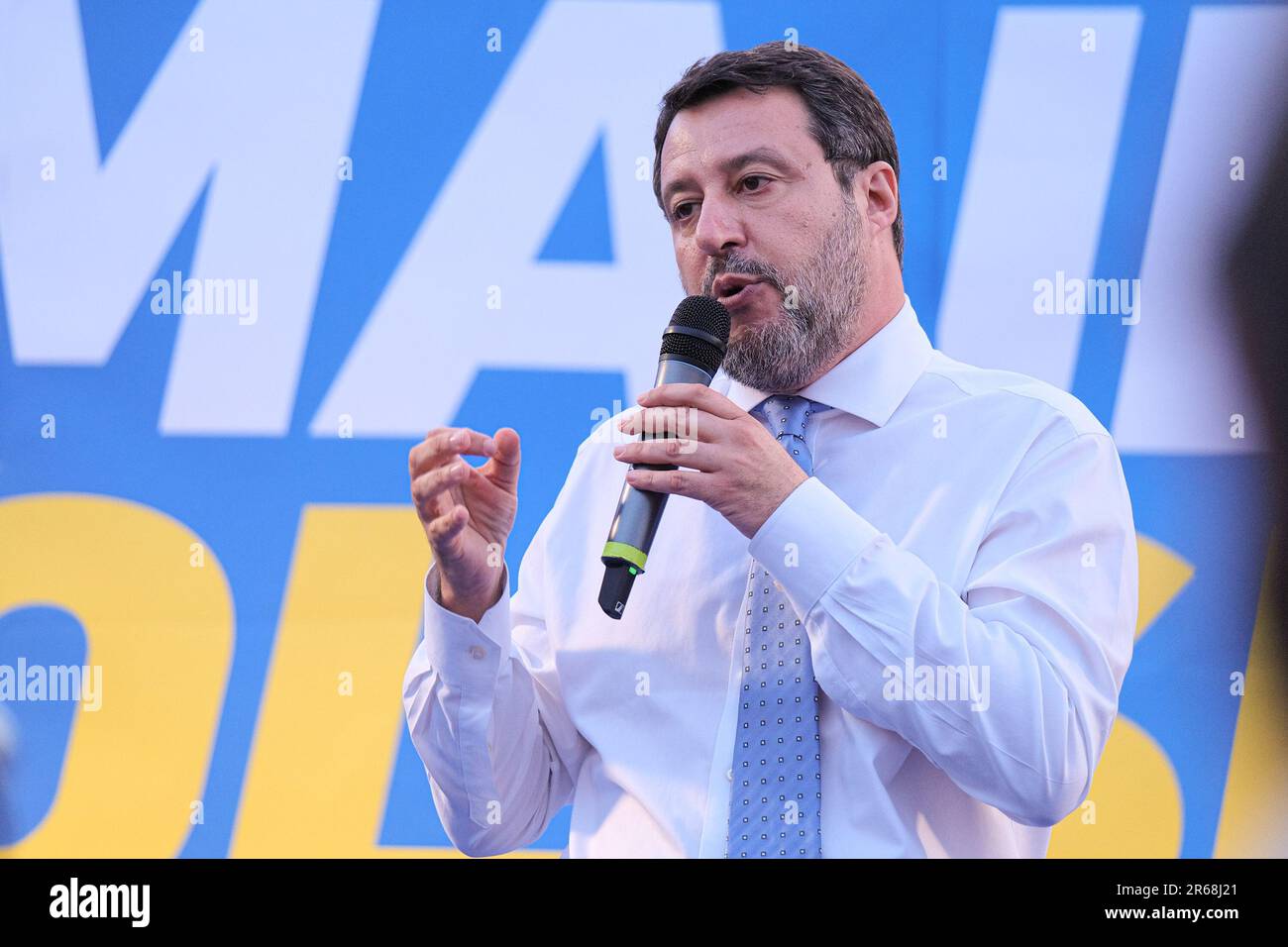 Termoli, Italia. 7th giugno, 2023. Matteo Salvini parla durante un raduno elettorale per le elezioni regionali del Molise a Termoli. (Credit Image: © Elena Vizzoca/SOPA Images via ZUMA Press Wire) SOLO PER USO EDITORIALE! Non per USO commerciale! Foto Stock