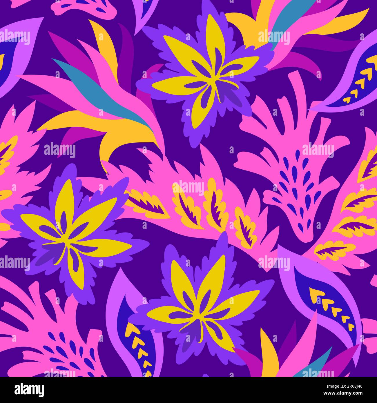 Motivo luminoso senza cuciture con forme ornamentali colorate ed elementi decorativi floreali. Stampa psichedelica hippie. Illustrazione Vettoriale
