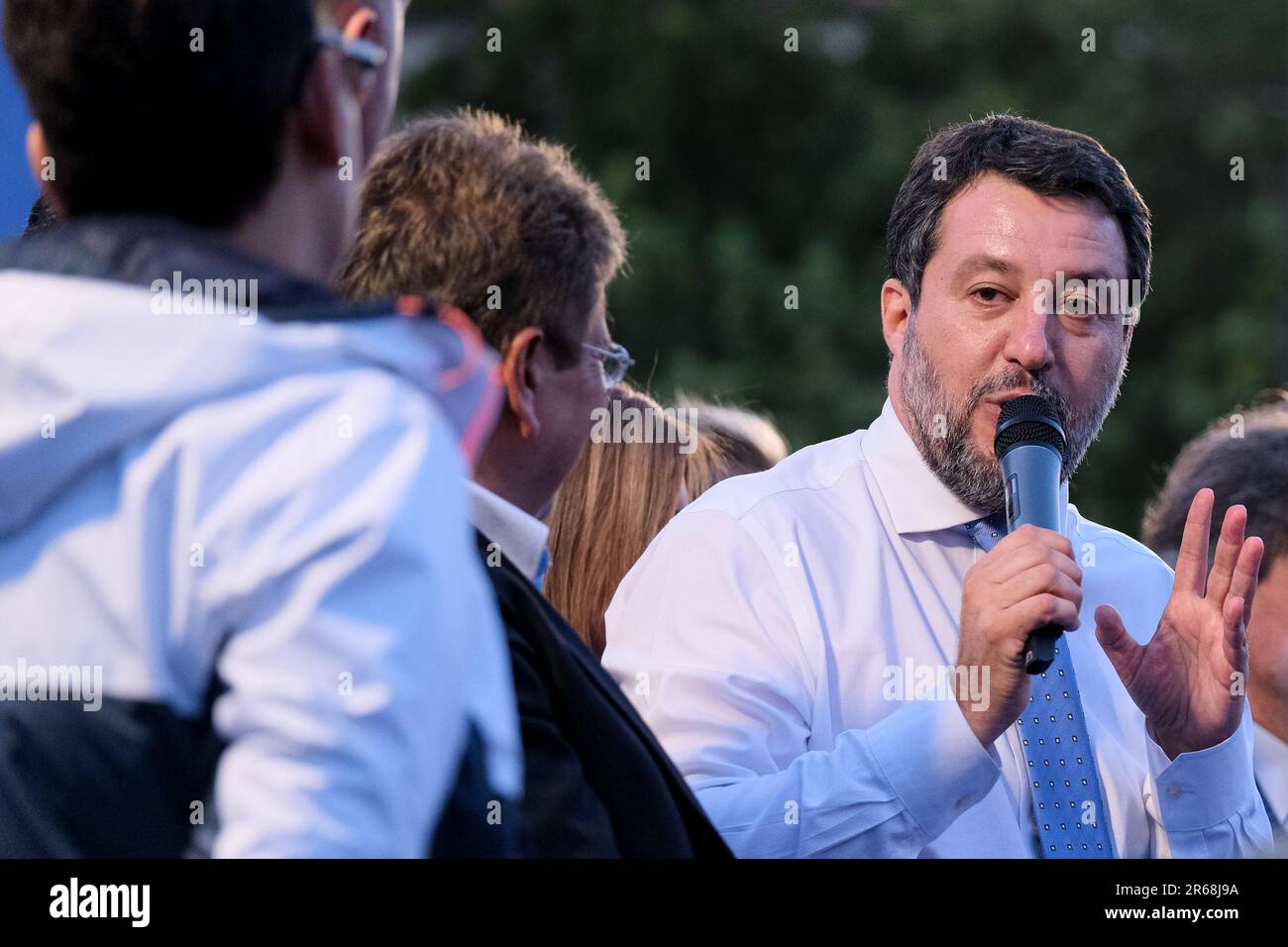 Termoli, Italia. 7th giugno, 2023. Matteo Salvini parla durante un raduno elettorale per le elezioni regionali del Molise a Termoli. (Credit Image: © Elena Vizzoca/SOPA Images via ZUMA Press Wire) SOLO PER USO EDITORIALE! Non per USO commerciale! Foto Stock