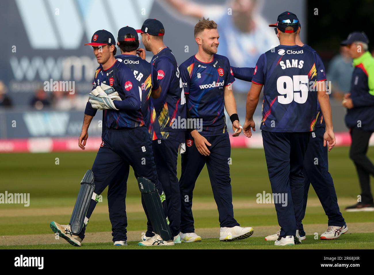 Sam Cook Essex Cricket Bowler celebra un wicket durante la Vitality T20 Blast Match tra Kent County Cricket Club e Essex presso il St Lawrence Ground di Canterbury mercoledì 7th giugno 2023. (Foto: Tom West | NOTIZIE MI) Credit: NOTIZIE MI & Sport /Alamy Live News Foto Stock