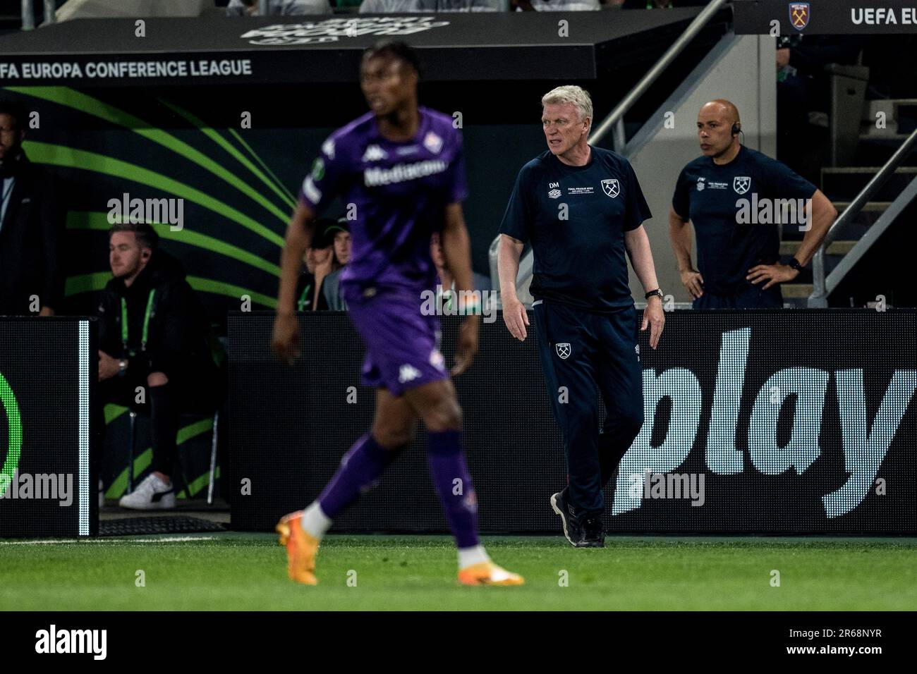 Praga, Repubblica Ceca. 07th giugno, 2023. Allenatore David Moyes del West Ham United visto durante la finale della UEFA Europa Conference League tra Fiorentina e West Ham United all'Eden Arena di Praga. Credit: Gonzales Photo/Alamy Live News Foto Stock