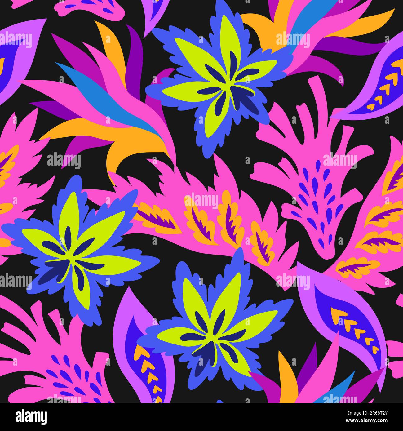 Motivo luminoso senza cuciture con forme ornamentali colorate ed elementi decorativi floreali. Stampa psichedelica hippie. Illustrazione Vettoriale