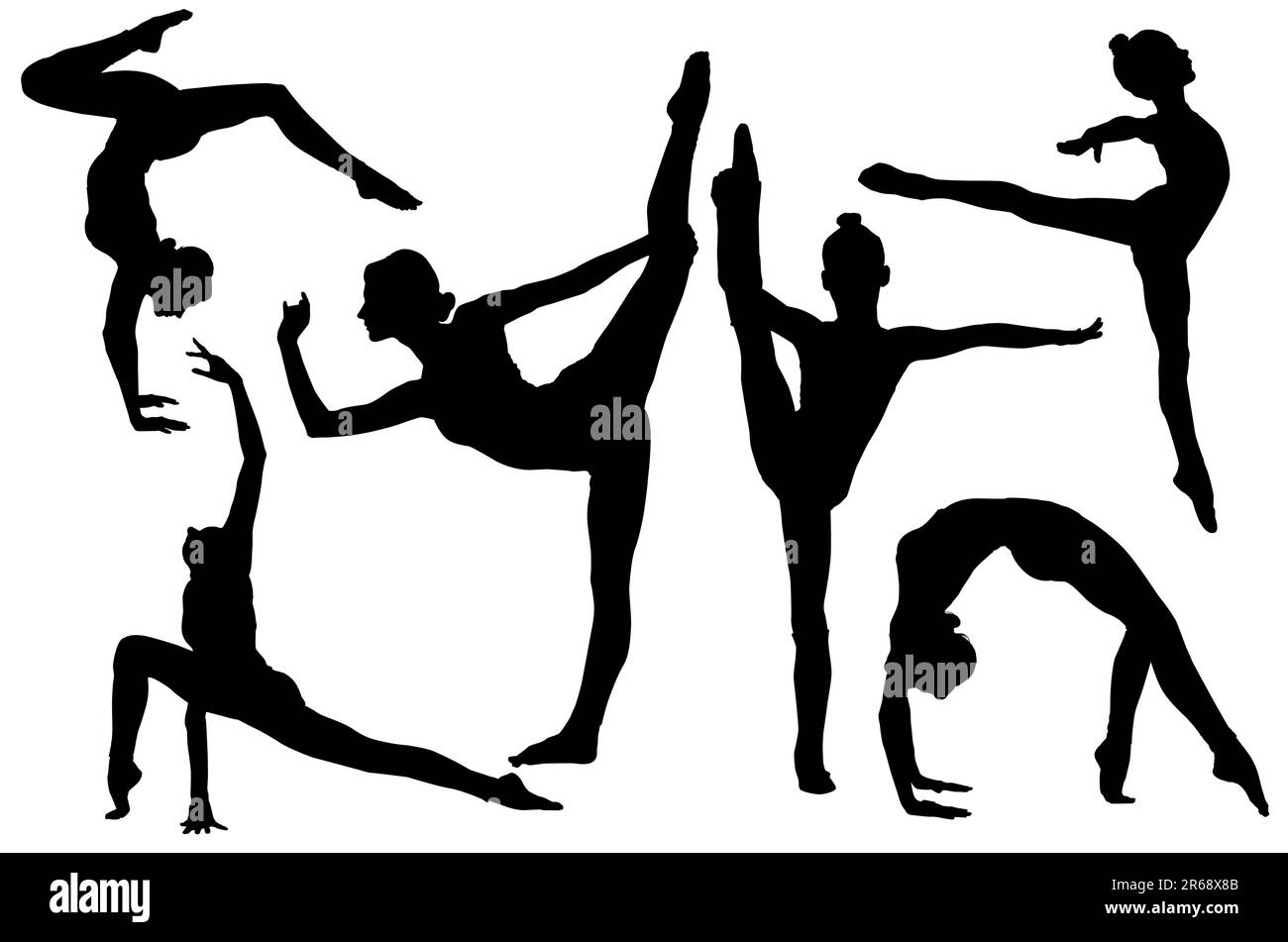 Silhouette di ginnasti professionisti che si allenano su sfondo bianco, design da collage Foto Stock