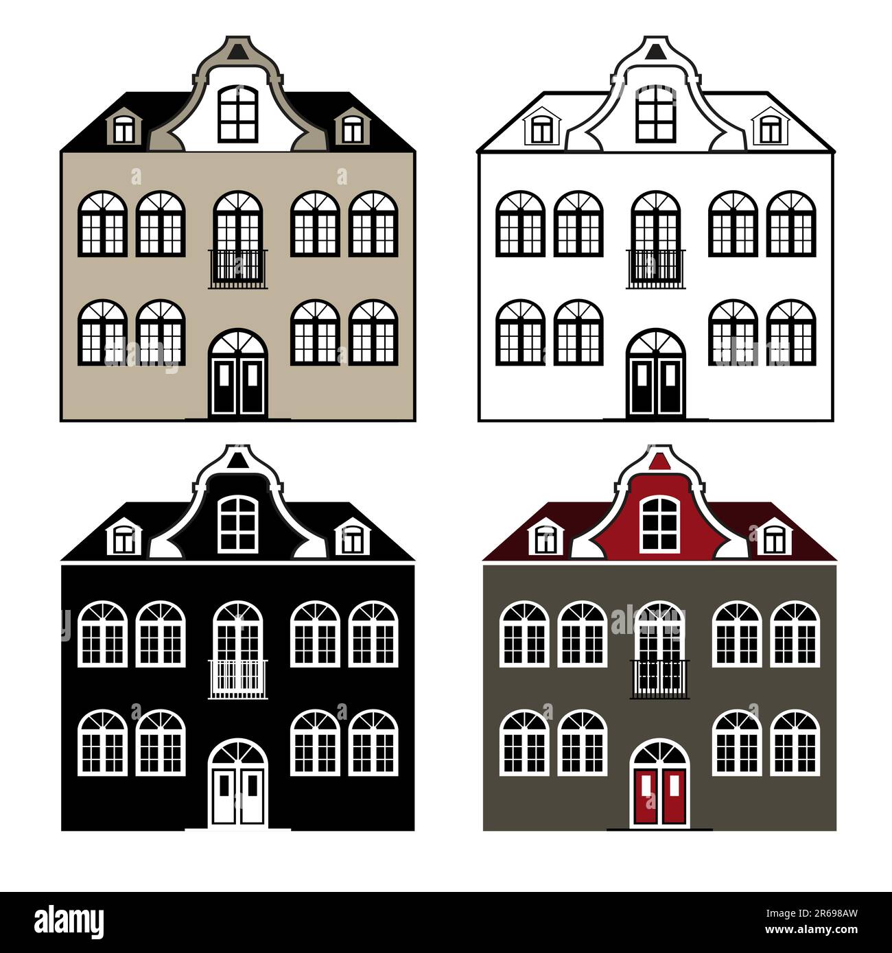 Collezione di vecchie case, design in quattro varianti, isolate su sfondo bianco. Illustrazione Vettoriale