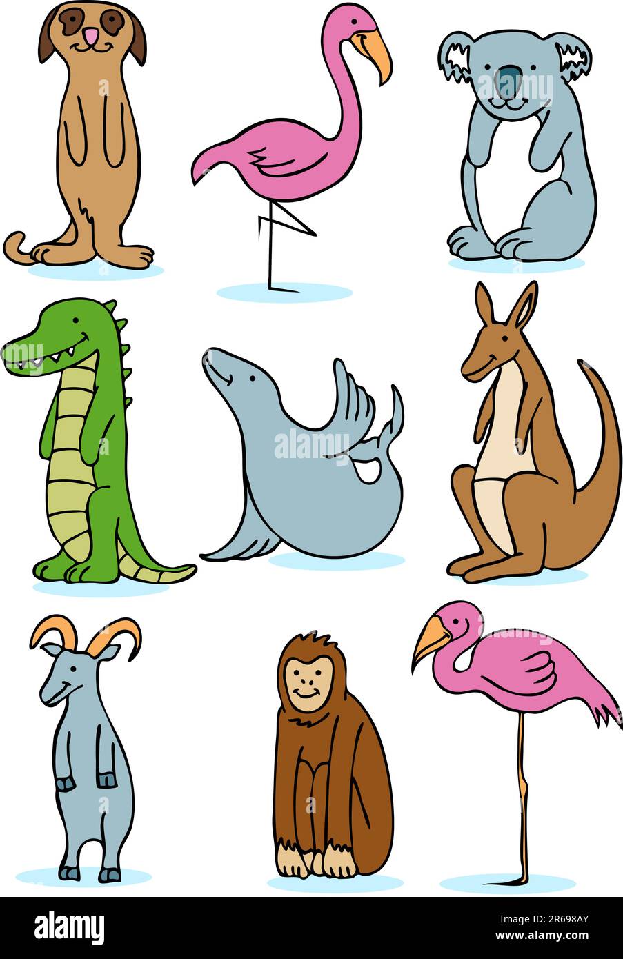 Set di 9 animali da zoo. Illustrazione Vettoriale