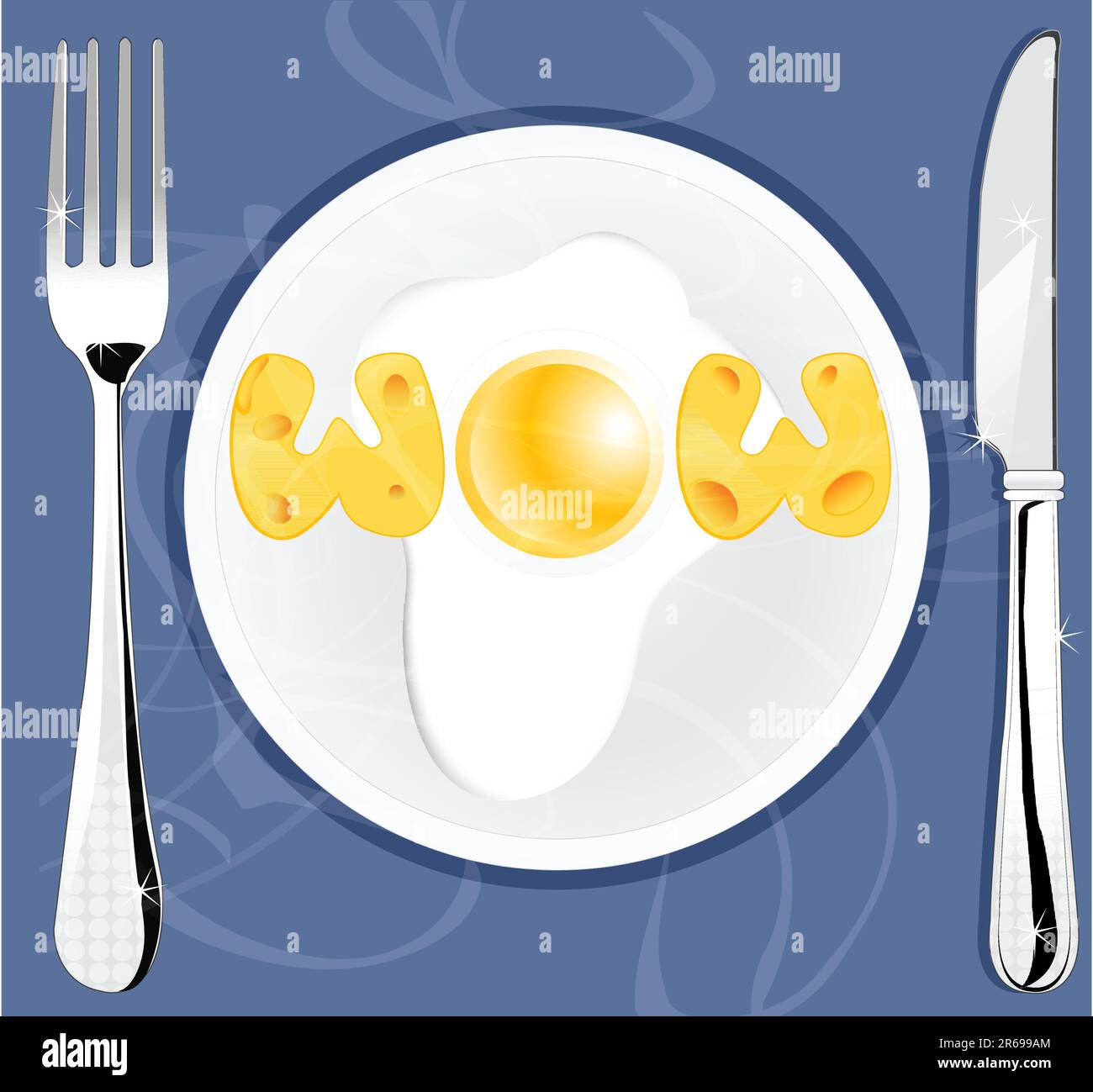 Illustrazione del testo di wow fatta di formaggio e uova sulla piastra con posate Illustrazione Vettoriale