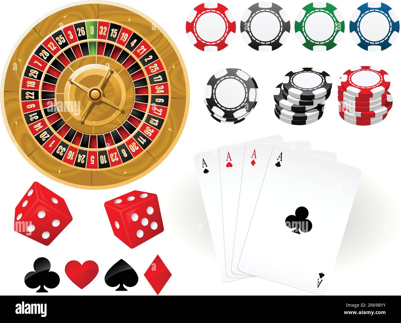 Carte da gioco, Roulette Wheel e chip da gioco Illustrazione Vettoriale