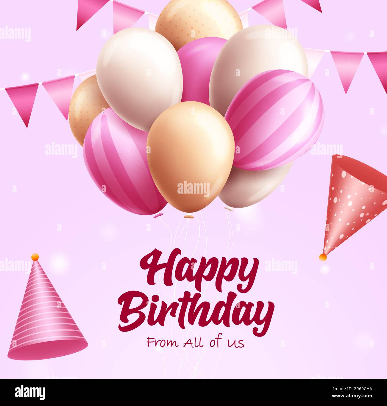 Disegno vettoriale di palloncini di compleanno. Buon compleanno testo con mazzo di palloncino rosa e bianco per la celebrazione del debutto delle ragazze. Messaggio di saluto con illustrazione vettoriale Illustrazione Vettoriale