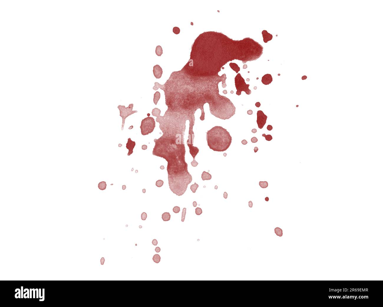 Colorazione di schizzi di sangue resa digitale isolata su sfondo bianco Foto Stock