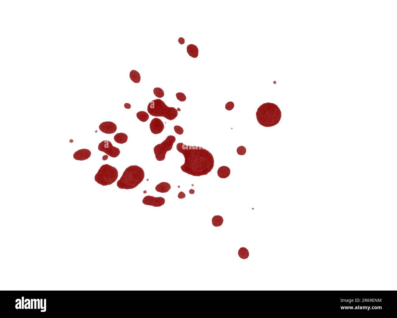 Colorazione di schizzi di sangue resa digitale isolata su sfondo bianco Foto Stock