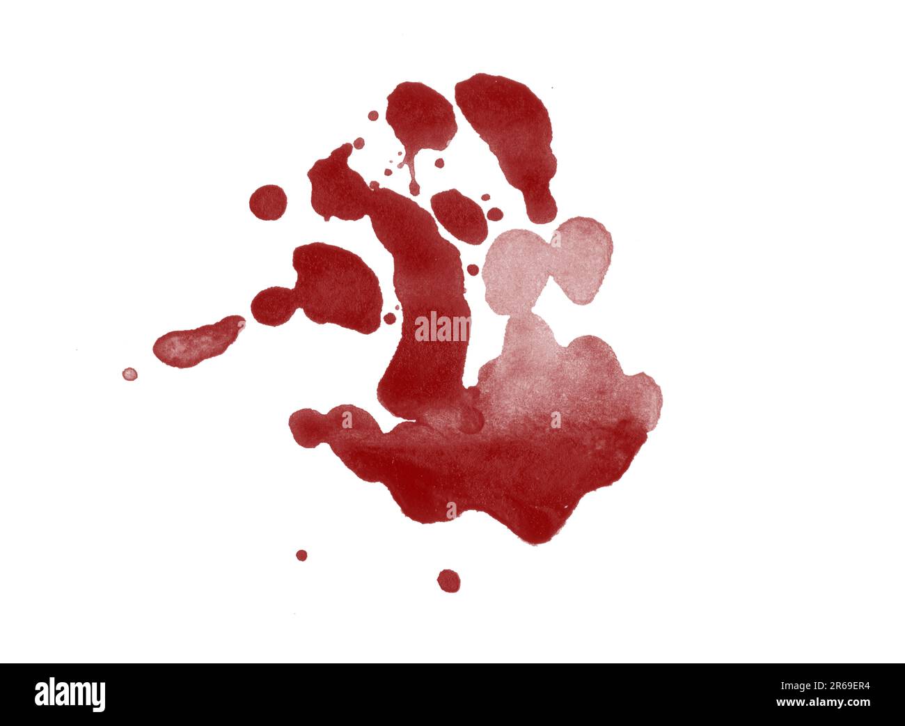 Colorazione di schizzi di sangue resa digitale isolata su sfondo bianco Foto Stock